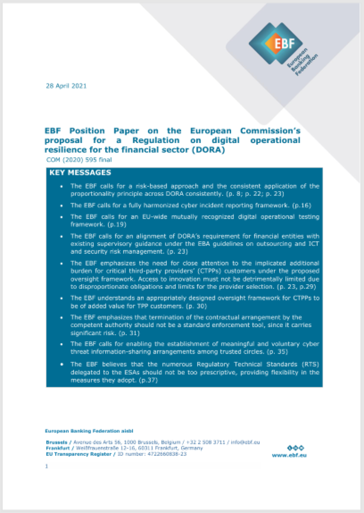 EUROPEAN COMMISSION’S DORA PROPOSAL (2020): EBF POSITION